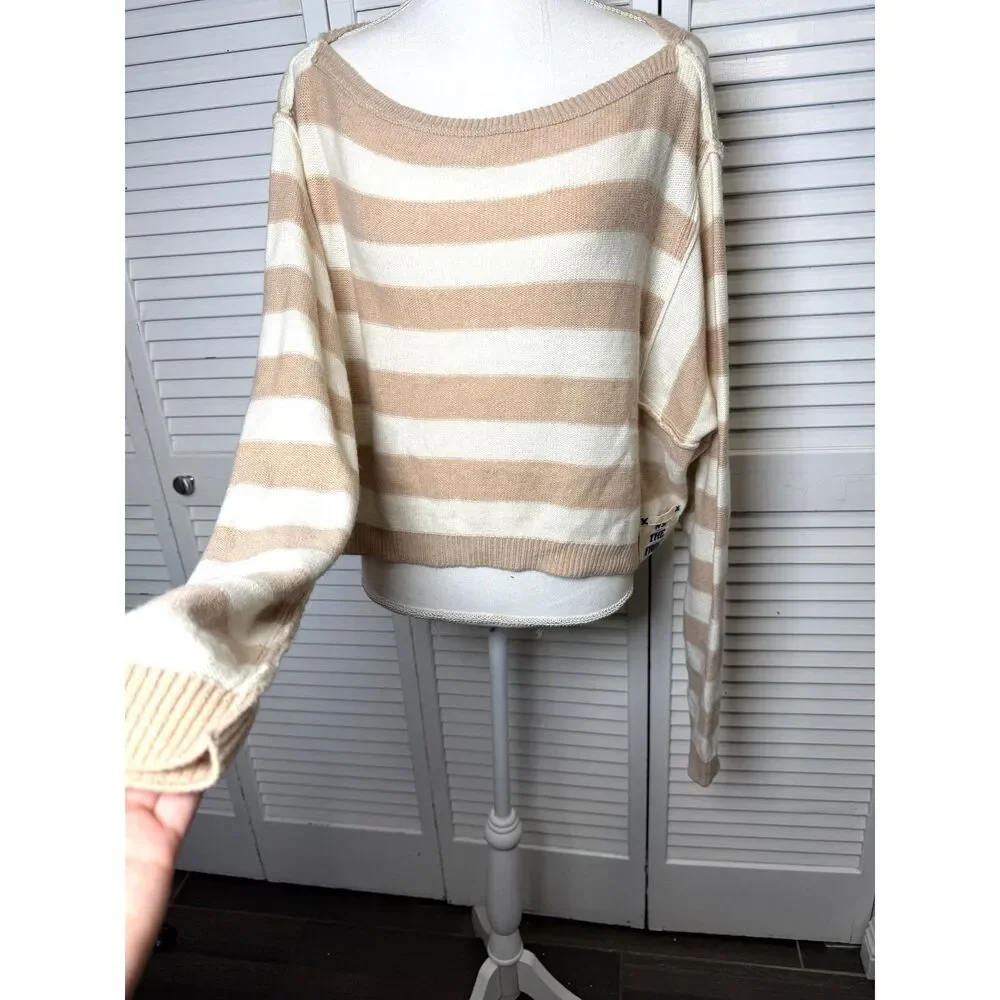 Free People Striped Into The Blue Crop Pullover Sweater Med NWT $108